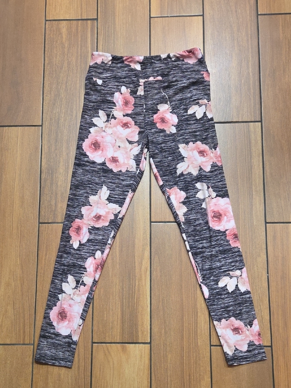 LuLaRoe Pink Floral Leggings on Charcoal Heather